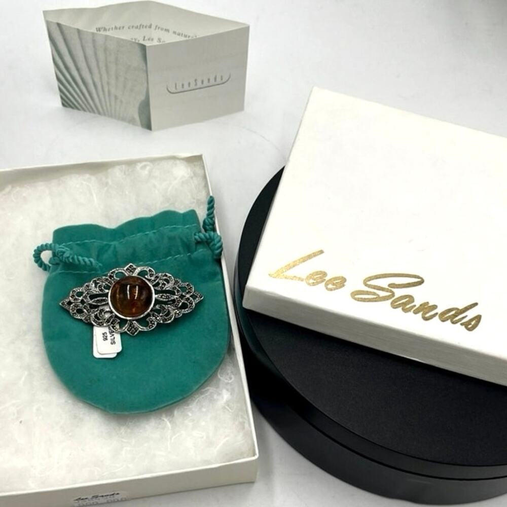 Lee Sands Vintage Sterling Silver‎ 925 Thailand Marcasite Deadstock Amber Brooch